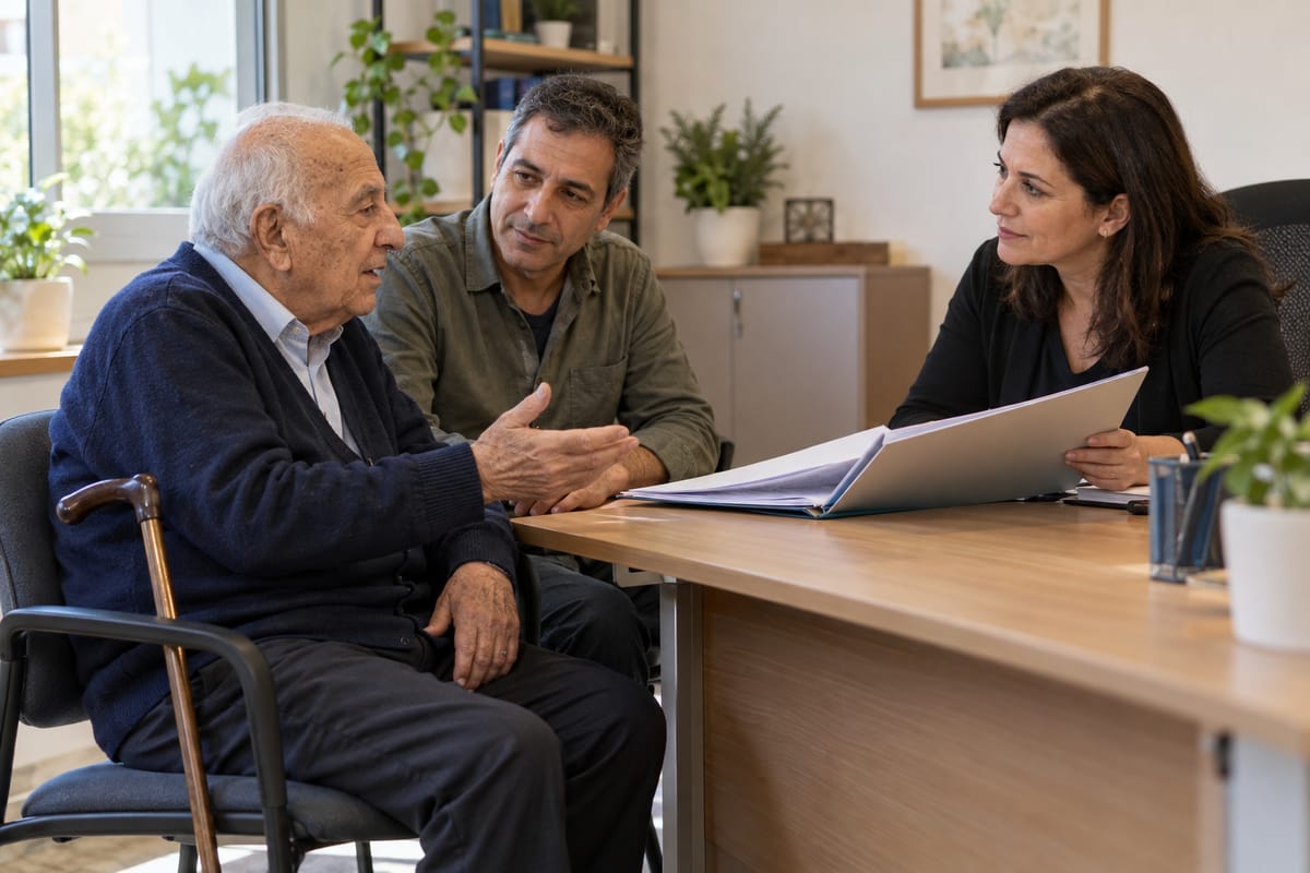 אב מבוגר ובנו עוברים עם אשת מקצוע על התיק הרפואי לקראת ערעור על גמלת סיעוד