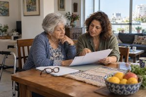 בת משפחה עוברת עם אמה המבוגרת על מסמכים לקראת ערעור על דרגת סיעוד בביטוח לאומי
