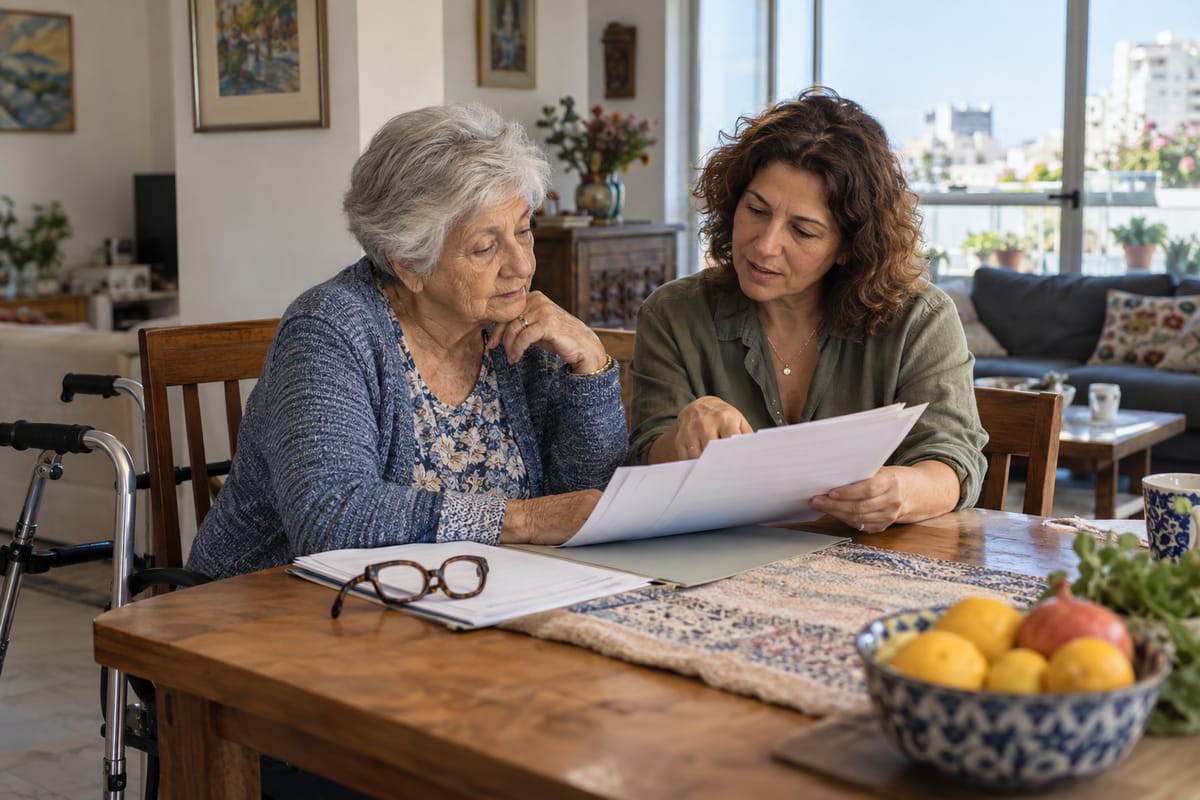 בת משפחה עוברת עם אמה המבוגרת על מסמכים לקראת ערעור על דרגת סיעוד בביטוח לאומי